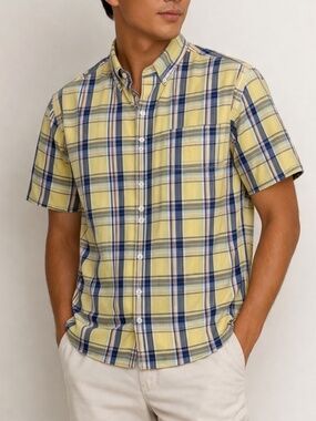 IZOD Saltwater Button Down Shirt Mens Size 2XL Yellow Blue Plaid Short Sleeve Ca